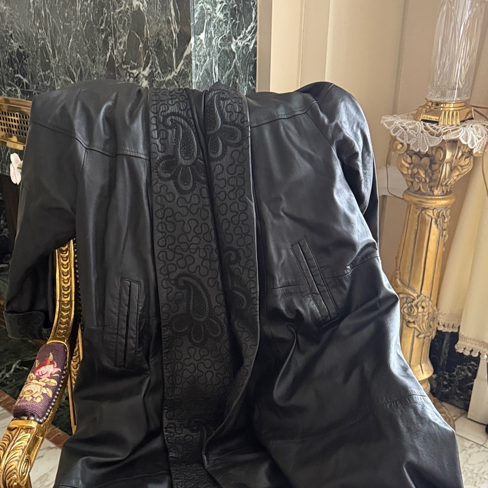 Black Leather Coat with Patterned Trim